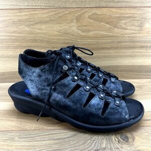 Wolky Sandals 11 EU 42 Amalia Black Pewter Wedge Comfort Lace Up